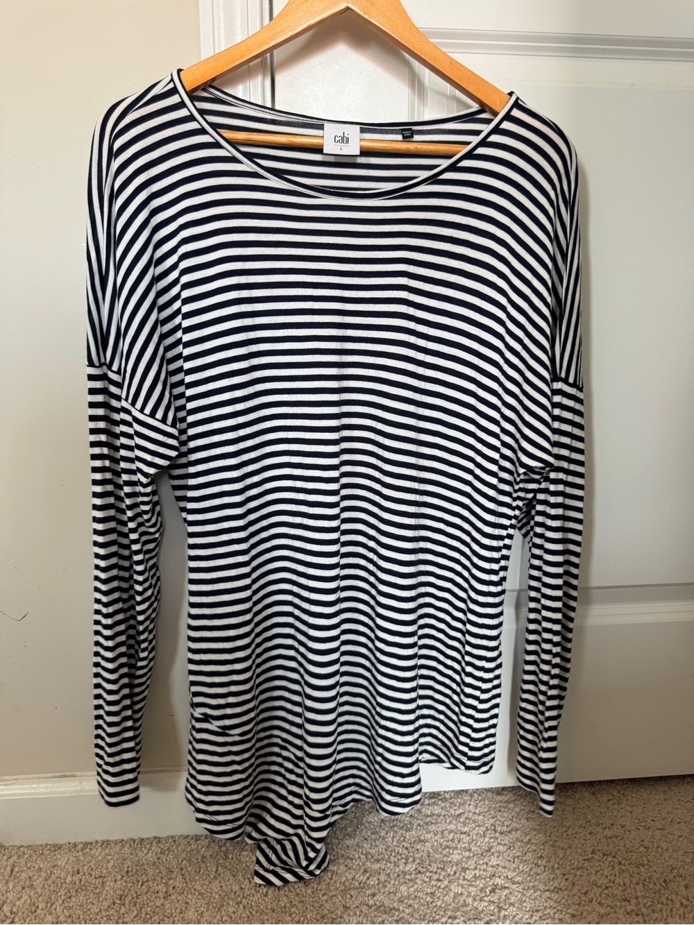 Cabi Style #5064 Asymmetrical Navy/White Striped Boat Tee Size L